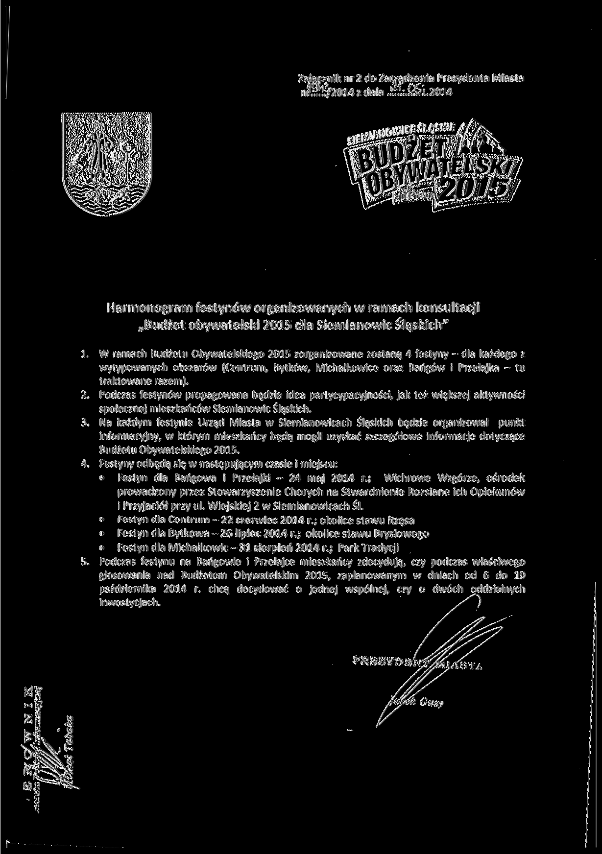 Załącznik nr 2 do Zarządzenia Prezydenta Miasta z dnia.*lq.2014 Harmonogram festynów organizowanych w ramach konsultacji Budżet obywatelski 2015 dla Siemianowic Śląskich" 4.