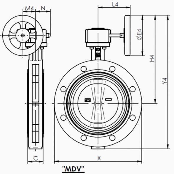 Przekładnia MDV i kółoko ręczne DN Przekładnia typ MDV i kółko ręczne mm Cal C X E4 H4 Y4 L4 M4 N Masa 150 6 56 285 160 298 441 135 43.5 50 12,5 200 8 60 345 200 355 527 152 52.