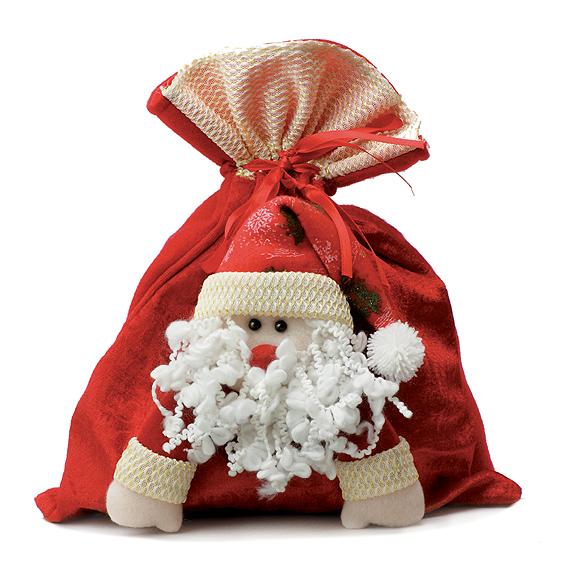 30) 08016: Worek świąteczny pięknie zdobiony motywem świątecznym w postaci maskotki przymocowanej do worka, który każdemu upominkowi