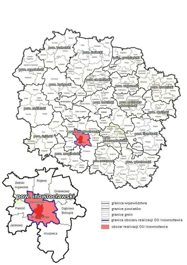 Zasięg terytorialny OSI Inowrocławia i obszaru powiązanego z nim funkcjonalnie Obszary Strategicznej Interwencji miasta Grudziądza, Włocławka oraz Inowrocławia i obszarów powiązanych z nimi