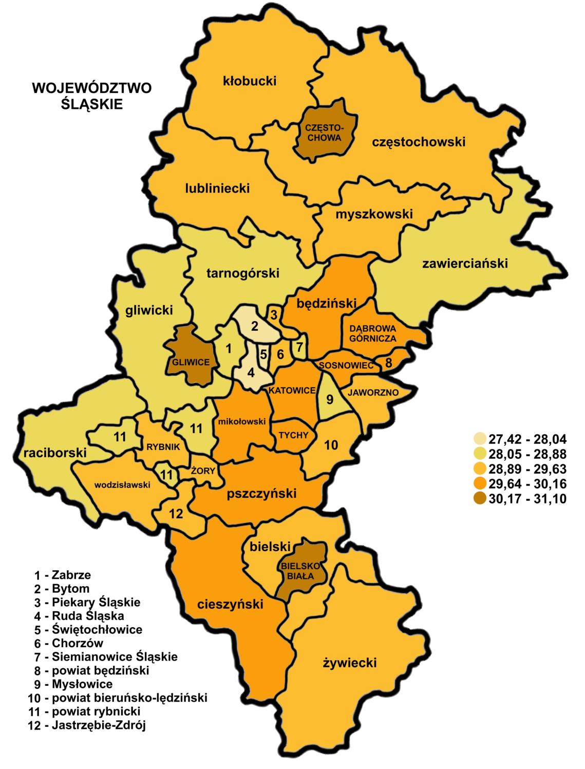 3.3. Wyniki sprawdzianu w powiatach Zamieszczona poniżej mapa konturowa województwa śląskiego pokazuje terytorialne zróżnicowanie (w poszczególnych powiatach) wyników ze sprawdzianu.