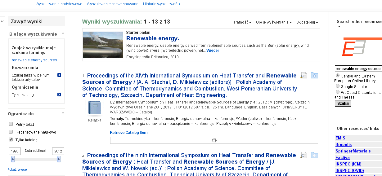 Możesz zawęzić wyszukiwanie np. do rekordów indeksowanych w bazach cytowań Web of Science i Scopus lub serwisach wydawców np. ScienceDirect, repozytoriów prac naukowych np.