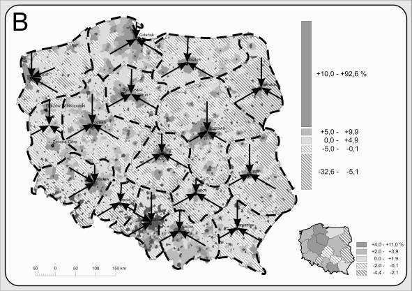 Metoda kartograficzna jako źródło informacji w badaniach obszarów wiejskich 45 wartości stopy migracji w przestrzeni kraju na ogólnym poziomie czytania mapy (strzałki) oraz schemat poszukiwania