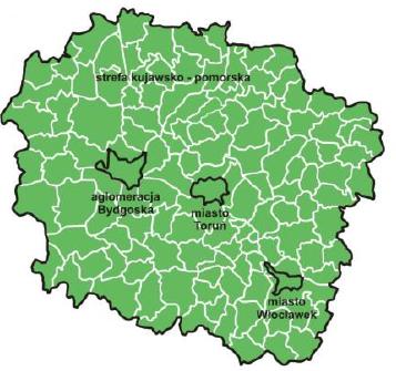 Rysunek 5. Podział województwa kujawsko-pomorskiego na strefy Źródło: Roczna ocena jakości powietrza w województwie kujawsko-pomorskim za 2012 rok, WIOŚ w Bydgoszczy Ocena za 2012 r.