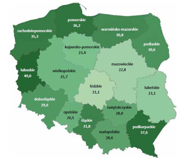 4.2.6. Ochrona przyrody i krajobrazu LASY Województwo kujawsko-pomorskie jest województwem o jednym z niższych poziomów lesistości w kraju w 2011 r. 23, 4% powierzchni województwa stanowiły lasy.