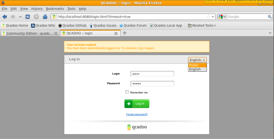 Rysunek 18 Po pomyślnym uruchomieniu bazy danych można przystąpić do zalogowania się do środowiska Qcadoo MES. Należy uruchomić przeglądarkę internetową i wpisać adres http://localhost:8080/.