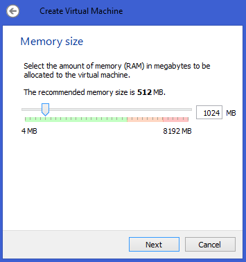 Rysunek 4 Po przejściu dalej należy przydzielić ilość pamięci RAM dla systemu. Domyślną wartością jest 512 MB, zaleca sie jednak zwiększenie tej wartości do 1024 MB (rysunek 5).