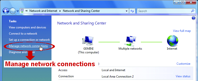 b) W LAN or High-Speed Internet (LAN lub szybki Internet), kliknąć prawym przyciskiem myszy na Local Area Connection (połączenie lokalne) i wybrać Properties (własności).