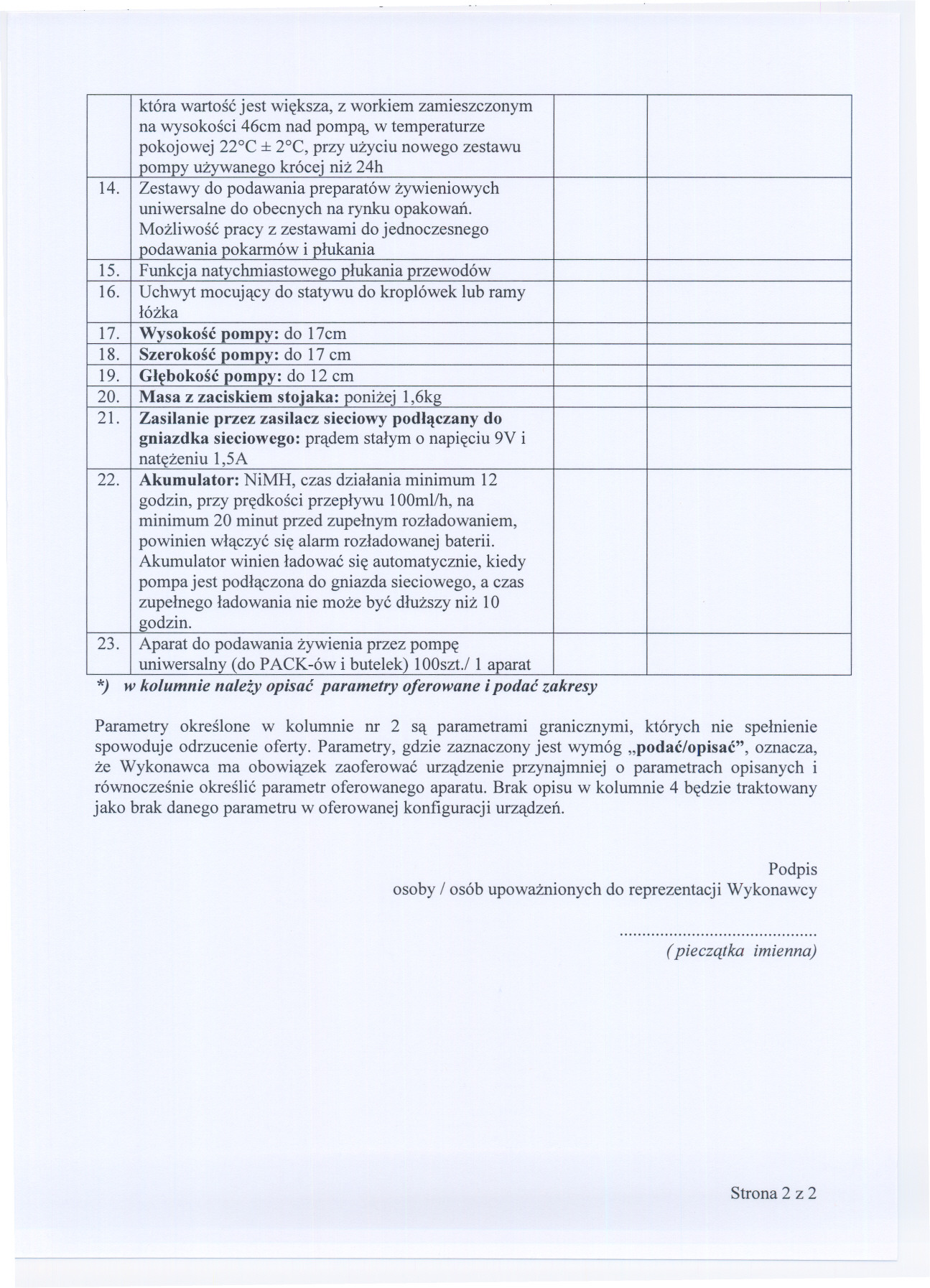 14. 15. 16. 17. 18. 19. 20. 21. 22. 23. Parametry okreslone w kolumnie nr 2 sa parametrami granicznymi, których nie spelnienie spowoduje odrzucenie oferty.