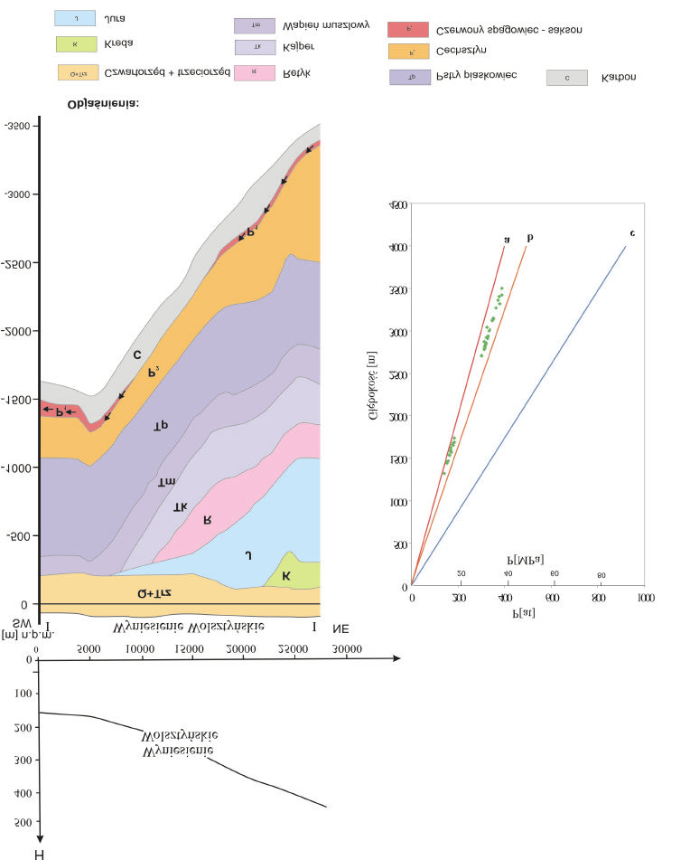 Na tle przekroju hydrogeologicznego I I' (rys. 5) przedstawiono rozk³ad naporów hydraulicznych oraz kierunki przep³ywu wód wg³êbnych w utworach czerwonego sp¹gowca.