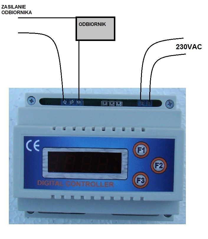 Jak widać powyżej jako zasilanie sterownika zawsze podajemy 230VAC na złącze zasilania natomiast zasilanie odbiornika podłączamy w zależności od danego odbiornika, maksymalnie 230V 4A (czyli można