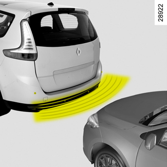 POMOC PRZY PARKOWANIU (1/3) Zasada działania Czujniki ultradźwiękowe zamontowane, zależnie od wersji pojazdu, w zderzakach przednim i/lub tylnym pojazdu, mierzą odległość między pojazdem i przeszkodą.