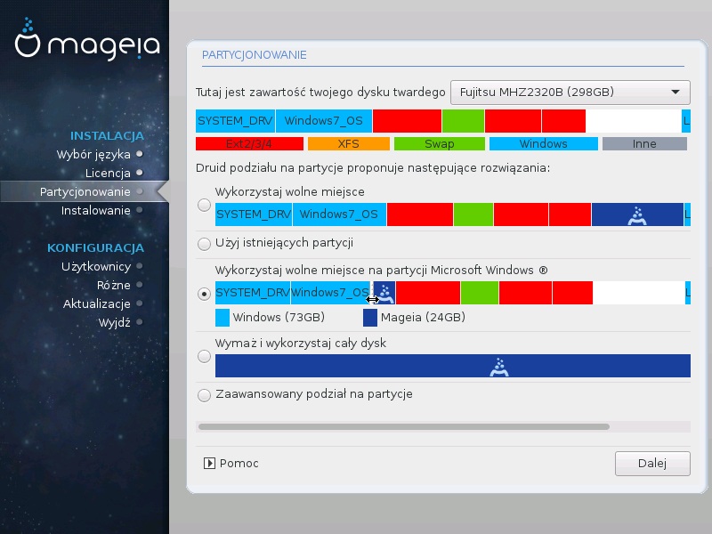 Partycjonowanie Na tym ekranie możesz zobaczyć zawartość twoich twardych dysków oraz propozycje instalatora dotyczące instalacji Magei.