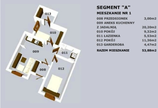 Przykładowy układ lokali 54 m² oraz