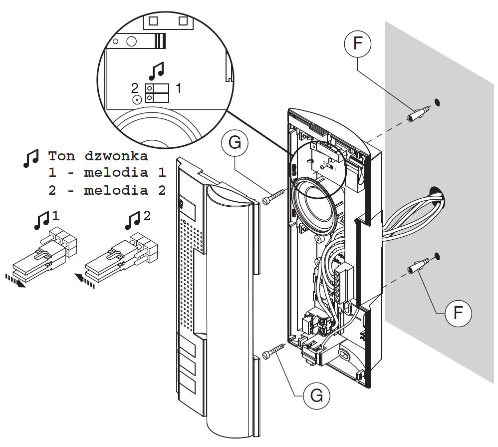 2. Przymocować unifon do ściany przy użyciu 2 kołków rozporowych dostarczonych wraz z unifonem. 3. Przeprowadzić przewody przez otwór w tylnej części unifonu. 4.