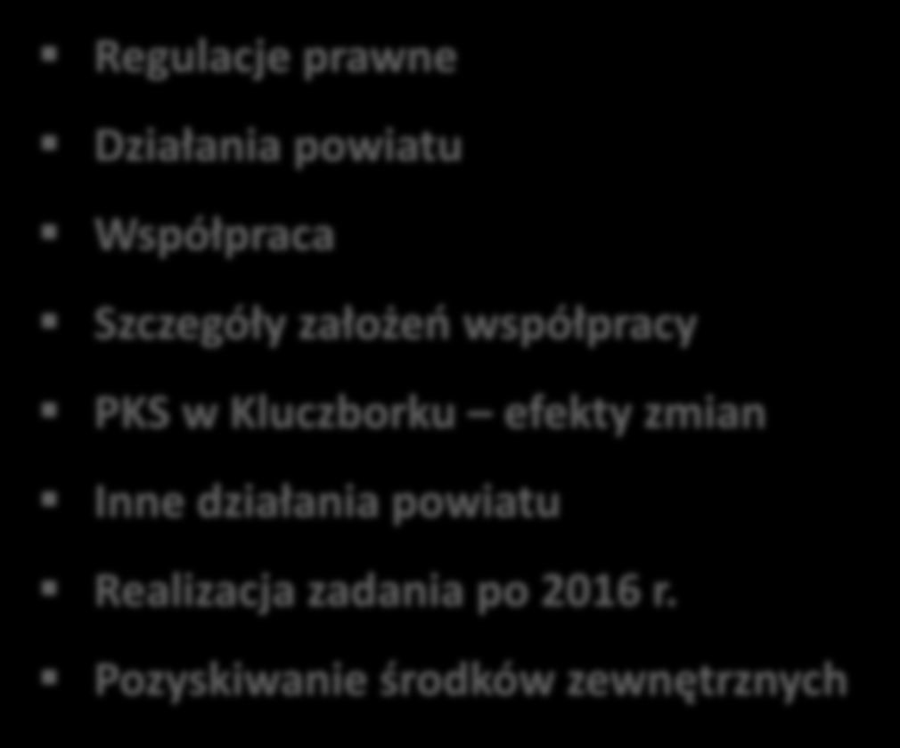 Plan prezentacji Regulacje prawne Działania powiatu Współpraca Szczegóły założeń współpracy PKS w