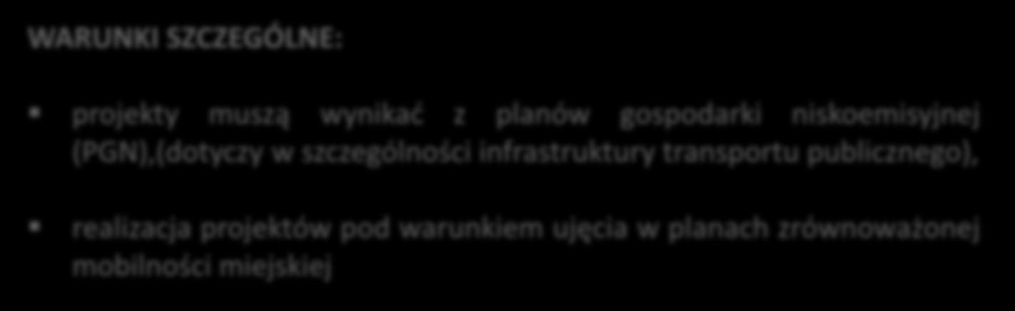 Pozyskiwanie środków zewnętrznych Możliwość pozyskiwania środków zewnętrznych WARUNKI SZCZEGÓLNE: projekty muszą wynikać z planów gospodarki niskoemisyjnej