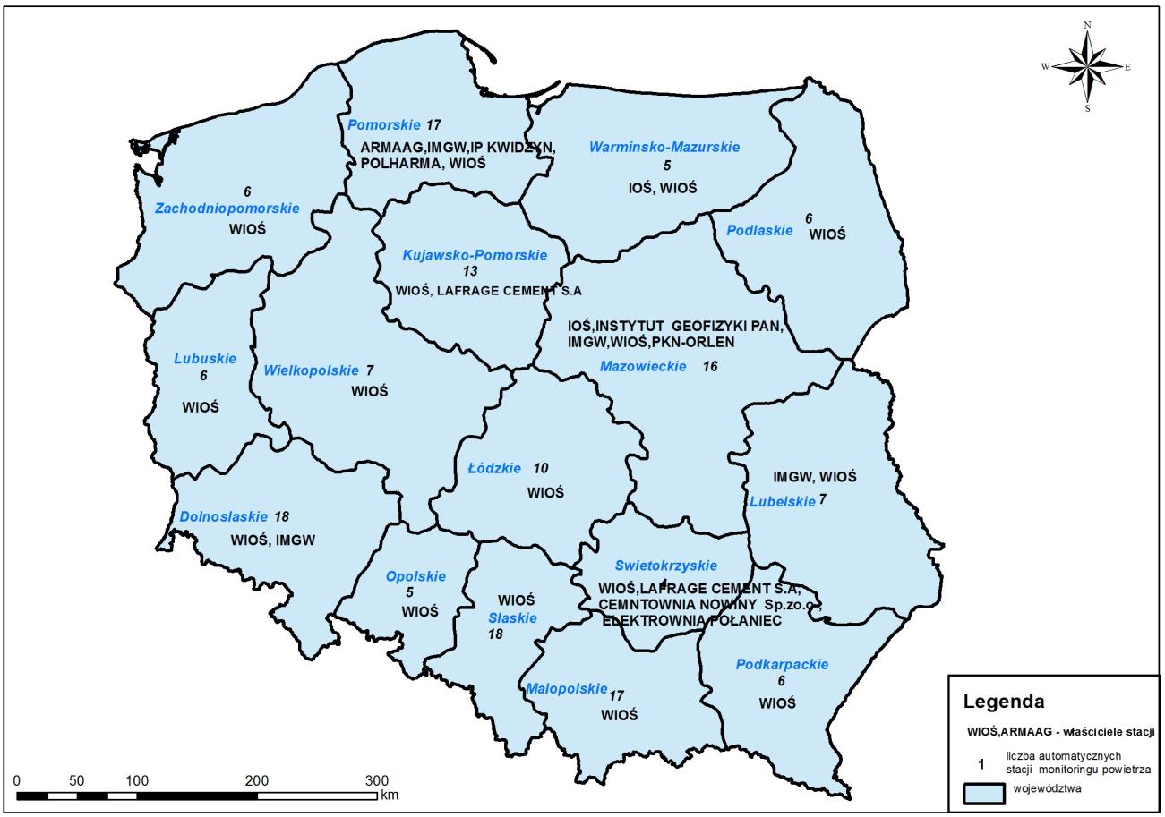 5. Ocena jakości powietrza w aglomeracji i Tczewie Ryc. 122. Mapa prezentująca liczbę stacji automatycznego monitoringu atmosfery w Polsce wraz instytucjami wykonującymi pomiary. Tabela 49.