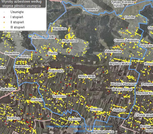 Zagórze 286 011 283 591 2 420 6,4% Zdanowice 182 446 182 446 0 4,1% RAZEM 4 478 620 4 439 680 38 940 100,0% Źródło: Urząd Gminy w Nagłowicach Mapa nr 2 Obszary gminy na których występuje azbest