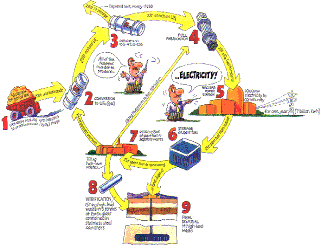 Energetyka jądrowa Etapy cyklu paliwowego: Wydobywanie rudy uranu Wzbogacanie i obróbka uranu Budowa elementów paliwowych Wytwarzanie energii Transport