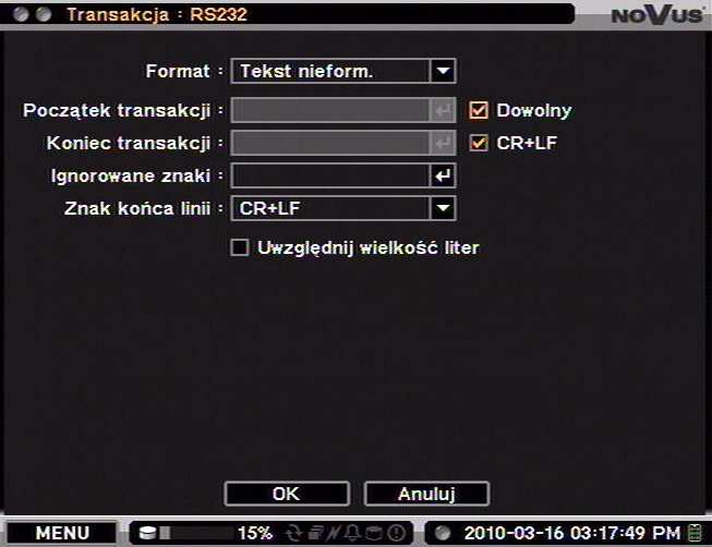 NDR-EA3104M Instrukcja obsługi wer. 1.0 MENU REJESTRATORA W tabeli w pierwszej kolumnie od lewej naleŝy włączyć/wyłączyć funkcję transakcji dla wybranych portów (RS-232 lub RS-485).