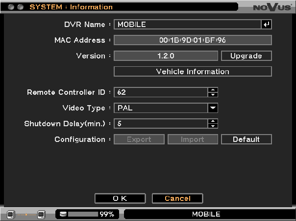 NDR-EA3104M User s manual - 1.0 version RECORDER S MENU 3.1. SYSTEM After selecting SYSTEM from the main menu, the window depicted below appears: SYSTEM menu contains five sub-menus regarding the system settings.