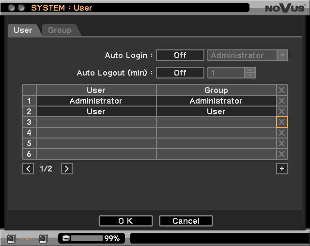 NDR-EA3104M User s manual - 1.0 version RECORDER S MENU 3.1.3. User Selecting this sub-menu and pressing ENTER displays the following screen: This submenu allows for adding, editing, and assigning passwords/privileges for users and groups.