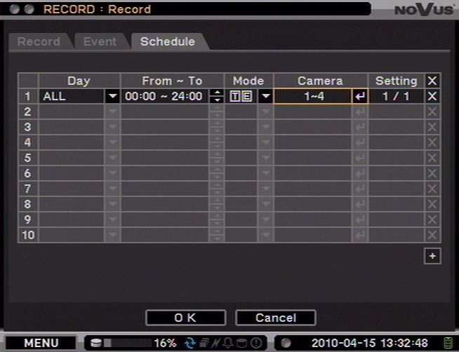 NDR-EA3104M User s manual - 1.0 version RECORDER S MENU Pre-alarm recording is performed in accordance to the parameters set in the Event column.