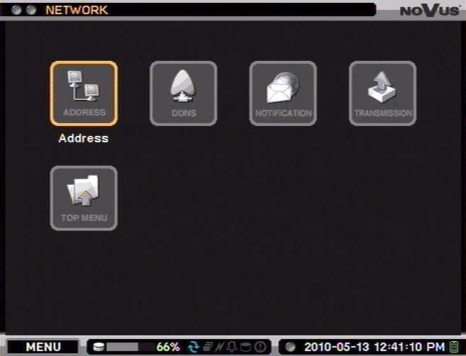 NDR-EA3104M User s manual - 1.0 version RECORDER S MENU 3.5. NETWORK Network menu contains four sub-menus dealing with network settings as well as remote notifying settings. 3.5.1. Address After selecting this submenu and pressing ENTER the following screen appears: Type field allows for selecting the network address DVR is operating in.
