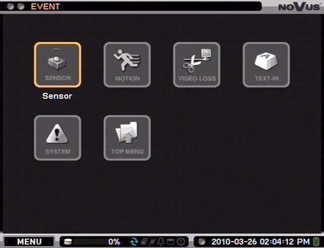 NDR-EA3104M User s manual - 1.0 version RECORDER S MENU 3.6. EVENT EVENT menu contains five sub-menus covering the event settings. The DVR feature ability to detect various types of events.