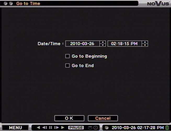 NDR-EA3104M User s manual - 1.0 version OPERATING THE DVR 4.13.1. Go to time After selecting Go to time the following menu appears: To set the time and date, please select particular date/time values using navigation buttons.