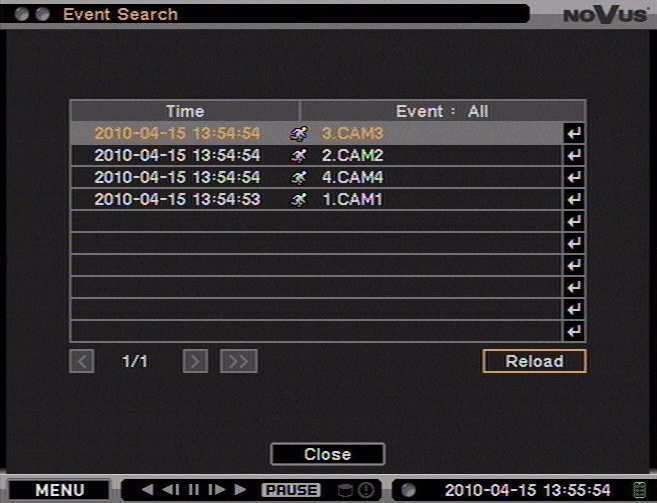 NDR-EA3104M User s manual - 1.0 version OPERATING THE DVR 4.13.3. Event search After selecting said function, the following screen appears: All events are stored in the device s log.