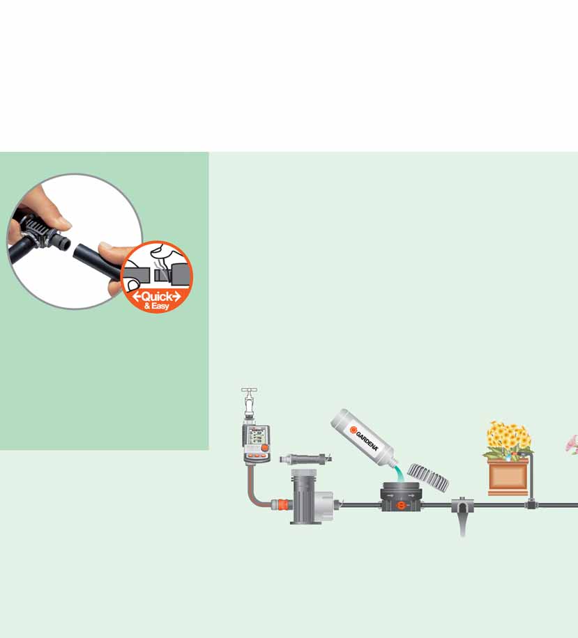 GARDENA Micro-Drip-System Oszczędne nawadnianie Oszczędne nawadnianie Wszystkie rośliny, zarówno krzewy ozdobne, rabaty kwiatowe, bylinowe, delikatne rośliny rosnące w szklarni, na balkonie lub