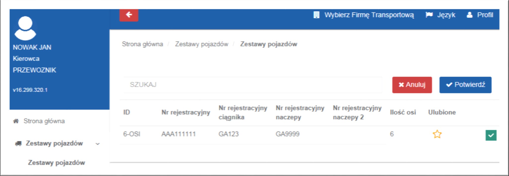 3.3 Usuwanie zestawu pojazdów Aby trwale usunąć zestaw pojazdów użyj przycisku Usuń. Po prawej stronie każdego zestawu pojawi się wtedy pole do zaznaczenia.