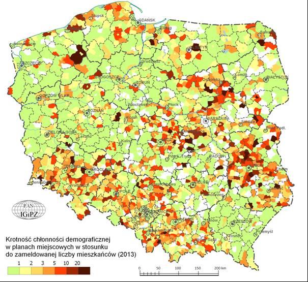 CHŁONNOŚĆ DEMOGRAFICZNA WEDŁUG PLANÓW MIEJSCOWYCH Krotność chłonności w stosunku do zaludnienia (ile razy więcej ludzi MOŻE zamieszkać, niż mieszka obecnie W