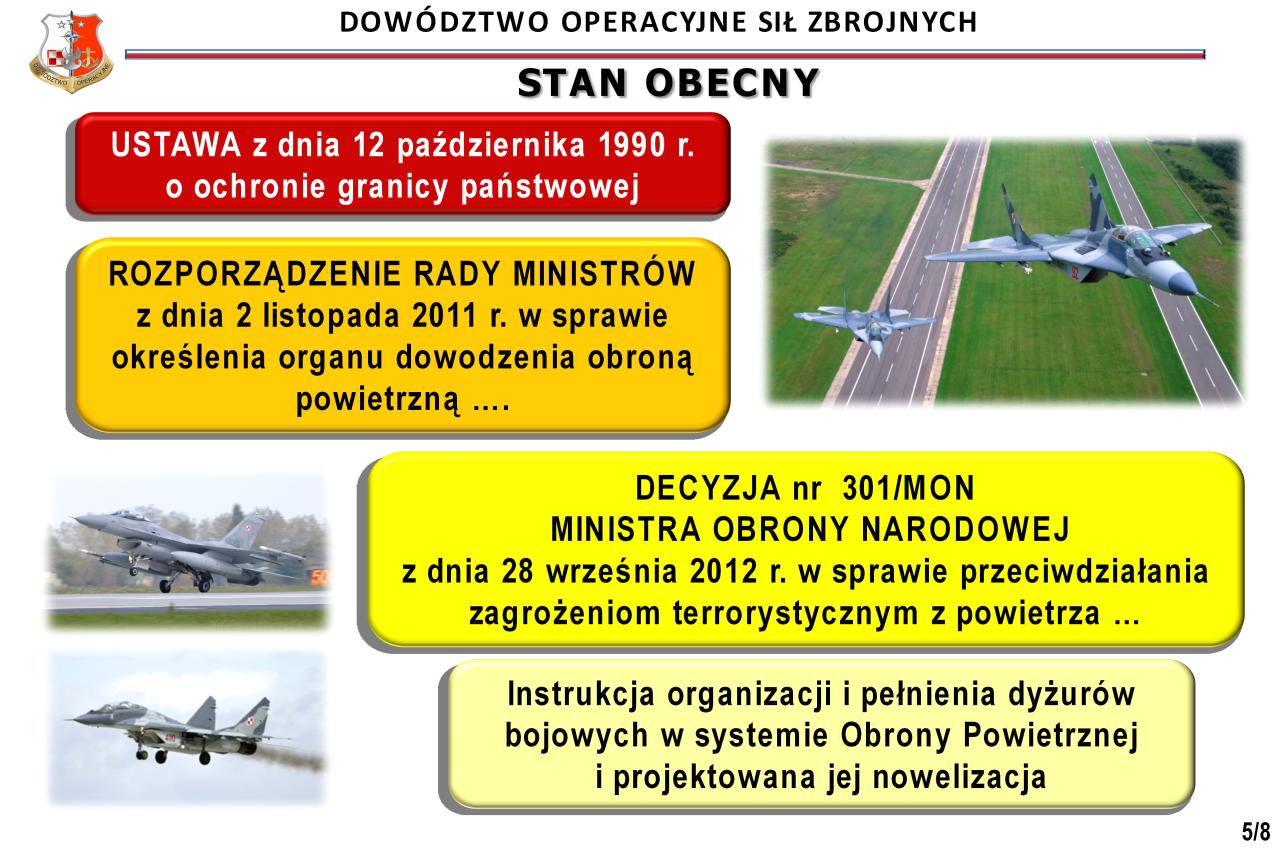 Zgodnie z aktualnie obowiązująca ustawą o ochronie granicy państwowej Siły Zbrojne RP mogą przeciwdziałać w stosunku do obcych wojskowych statków powietrznych, które przekroczyły granice państwową i