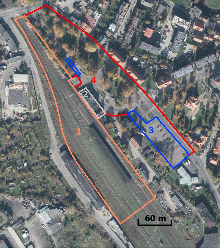 Strona45 Na rysunku 2 wyróżniono 4 obszary: RYSUNEK 1. OBSZAR WĘZŁA - RZUT Z GÓRY Źródło: opracowanie własne na podstawie www.geoportal.dolnyslask.pl 1. układ torowy stacji i perony 2.