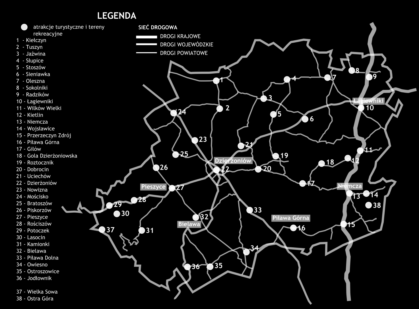 Strona61 7 Poprawa dostępności komunikacyjnej terenów rekreacyjnych - katalog atrakcji turystycznych Ziemi Dzierżoniowskiej Poniżej na mapie zostały zaznaczone pomarańczowym kółkiem atrakcje