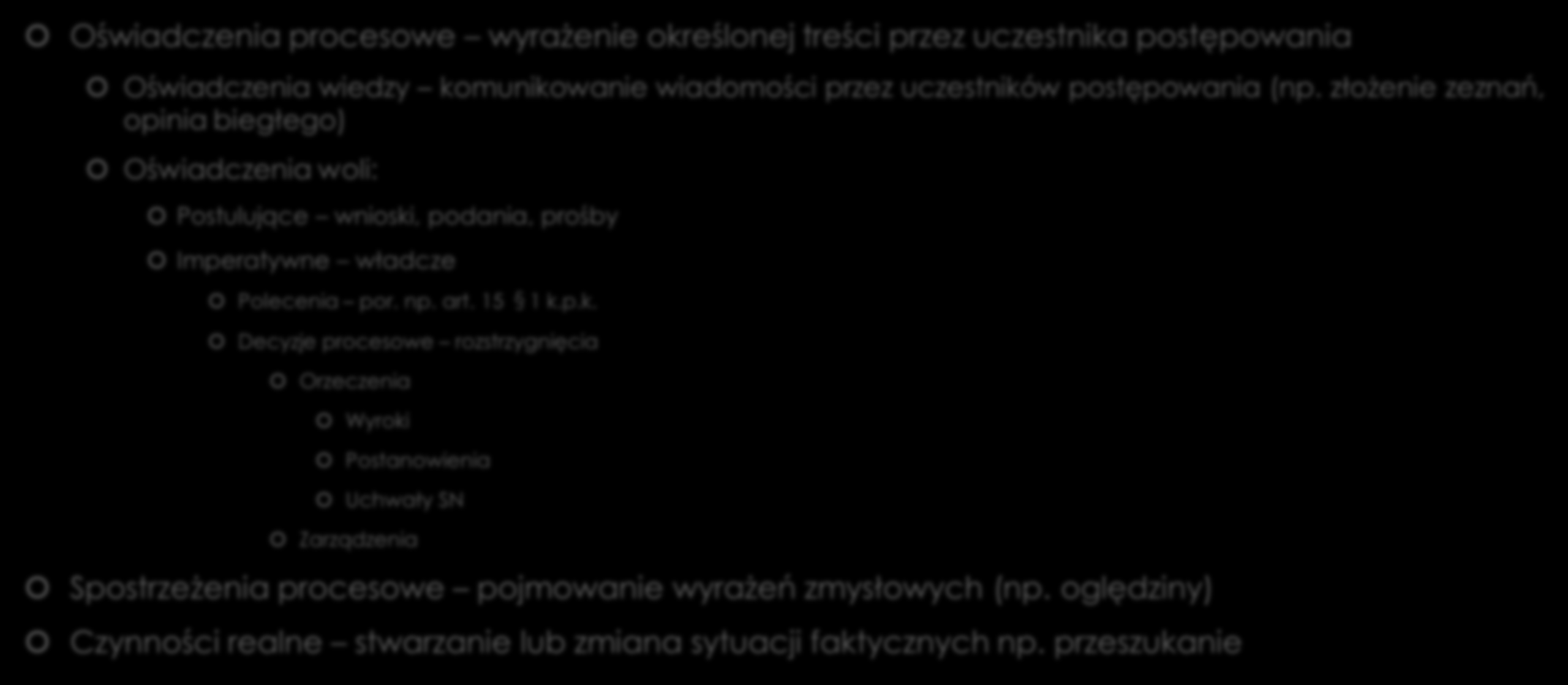 Ze względu na charakter rozróżnia się czynności procesowe takie jak: Oświadczenia procesowe wyrażenie określonej treści przez uczestnika postępowania Oświadczenia wiedzy komunikowanie wiadomości