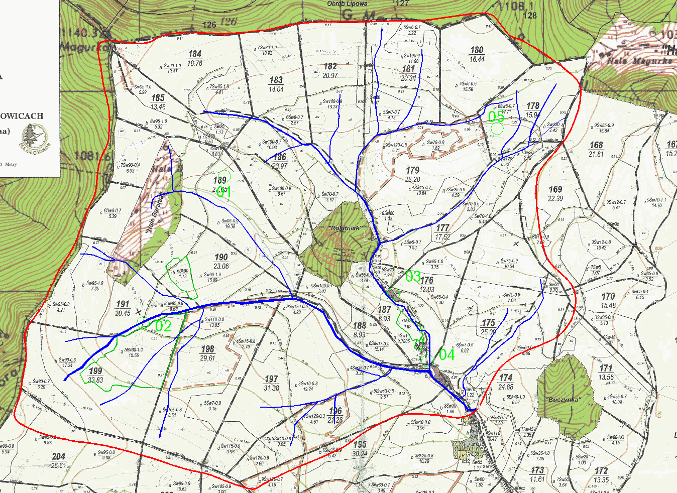 Do dyspozycji autora przekazana została również Mapa Gospodarczo-Przeglądowa Leśnictwa Sikorczane (Nadleśnictwo Węgierska Górka, obręb Węgierska Górka) opisująca stan z dnia 1 stycznia 2004r.