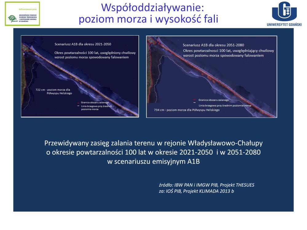 Ryciny przedstawiają zasięg zalanych wskutek współoddziaływania zwiększonego poziomu morza i wysokiej fali terenów na Półwyspie Helskim w rejonie nasady półwyspu przez powódź o okresie powtarzalności