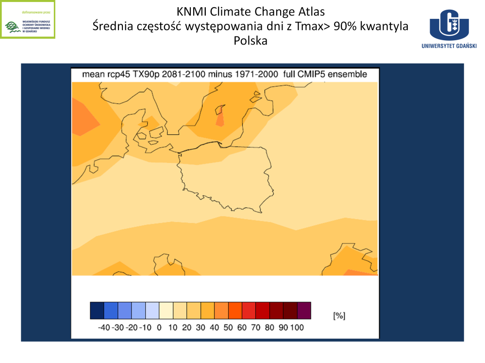 wygenerowany przykład w skali roku dni z temperaturą maksymalną powyżej 90% kwantyla w Polsce będą w