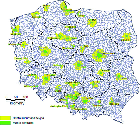 88 Anna Harańczyk Rys. 1. Zakres przestrzenny procesów suburbanizacji w Polsce Źródło: Ocena wpływu polityki spójności 2009, s. 8.