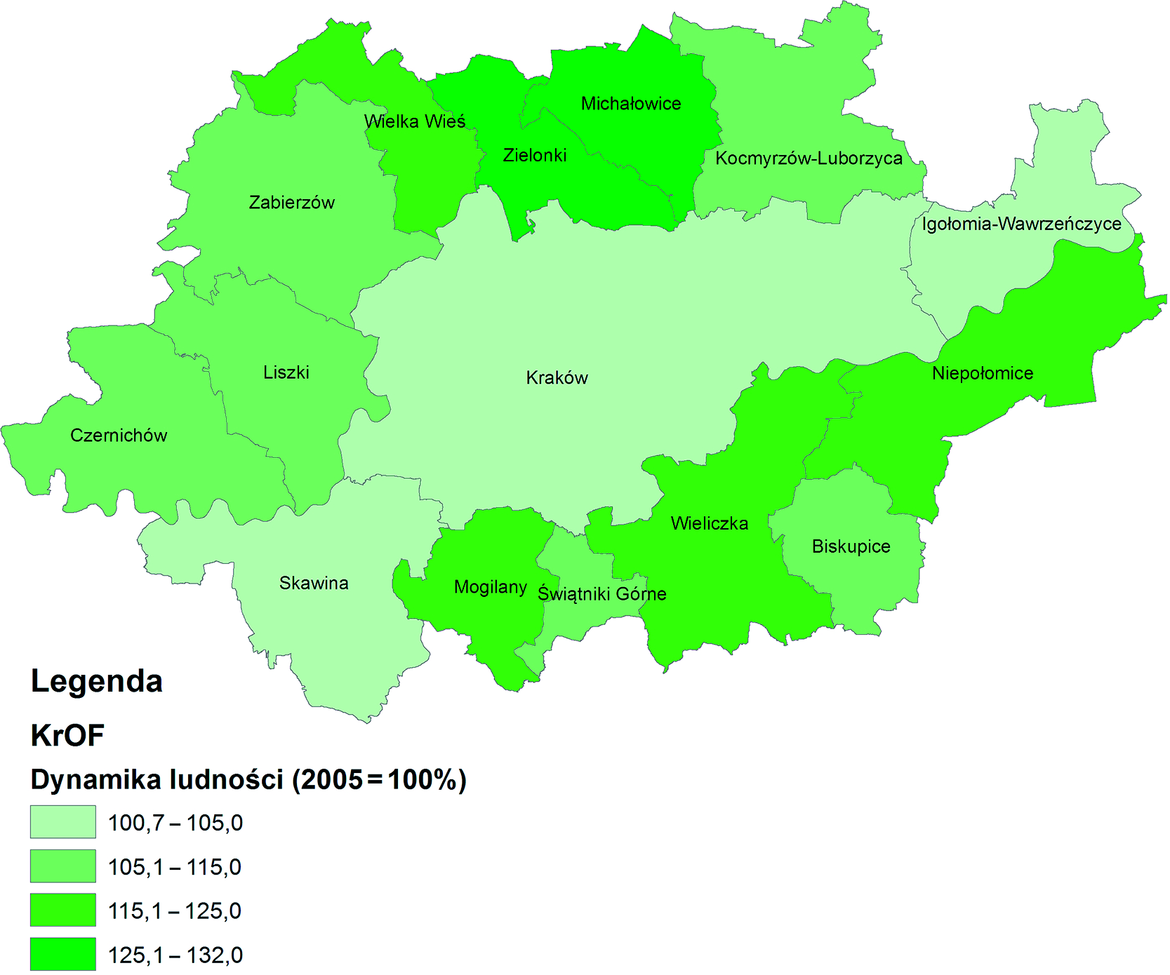 90 Anna Harańczyk Rys. 2. Zmiana liczby ludności w gminach KrOF między 2005 a 2014 r. Źródło: opracowanie własne na podstawie danych BDL, GUS. namiką wzrostu ludności (185,5%).
