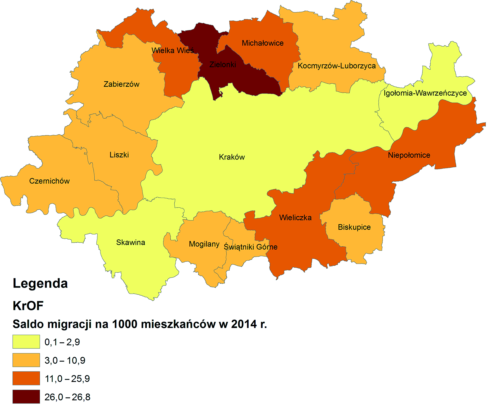 92 Anna Harańczyk Rys. 3. Saldo migracji na 1000 mieszkańców w gminach KrOF w 2014 r. Źródło: opracowanie własne na podstawie danych BDL, GUS.