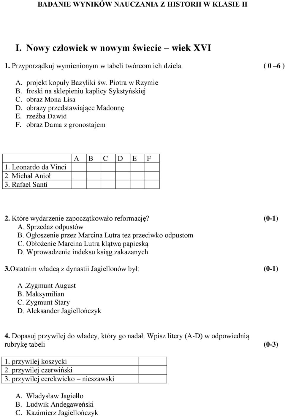 Rafael Santi A B C D E F 2. Które wydarzenie zapoczątkowało reformację? (0-1) A. Sprzedaż odpustów B. Ogłoszenie przez Marcina Lutra tez przeciwko odpustom C.