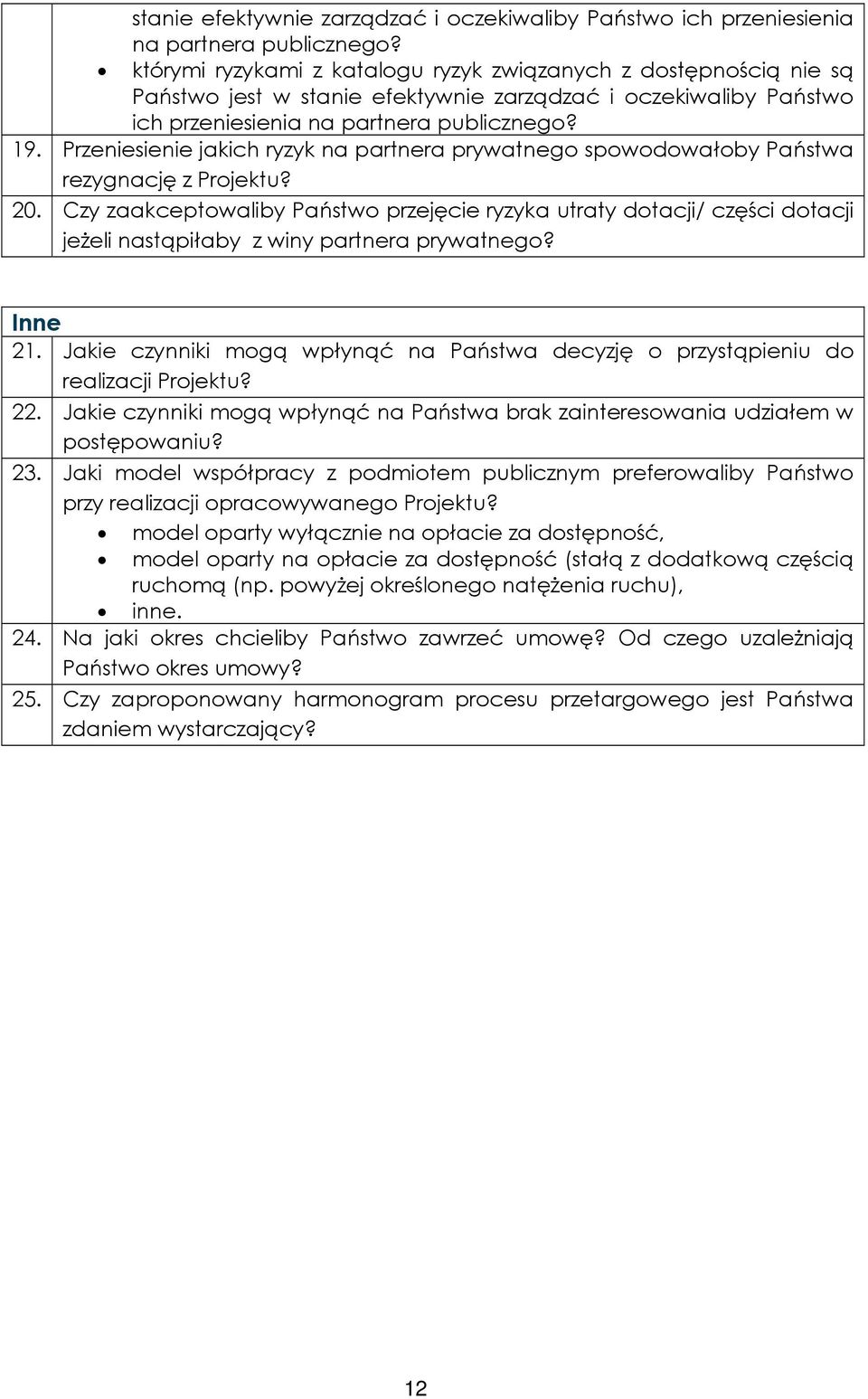 Czy zaakceptowaliby Państwo przejęcie ryzyka utraty dotacji/ części dotacji jeżeli nastąpiłaby z winy partnera prywatnego? Inne 21.