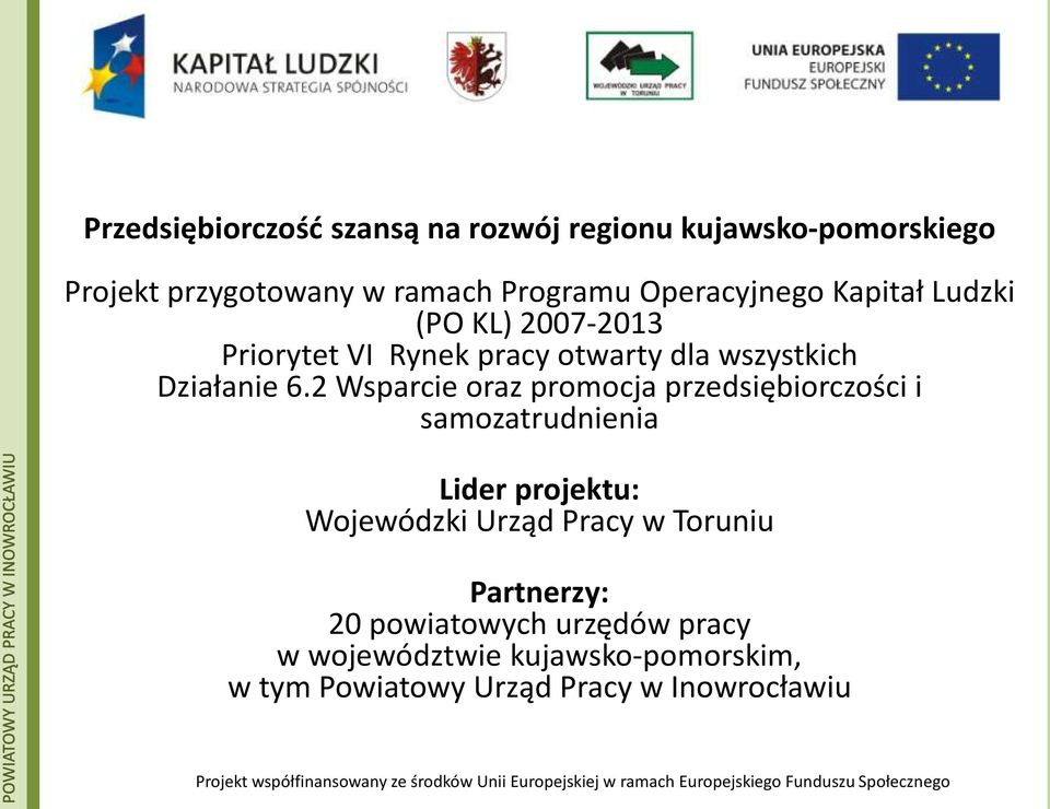 2 Wsparcie oraz promocja przedsiębiorczości i samozatrudnienia Lider projektu: Wojewódzki Urząd Pracy w