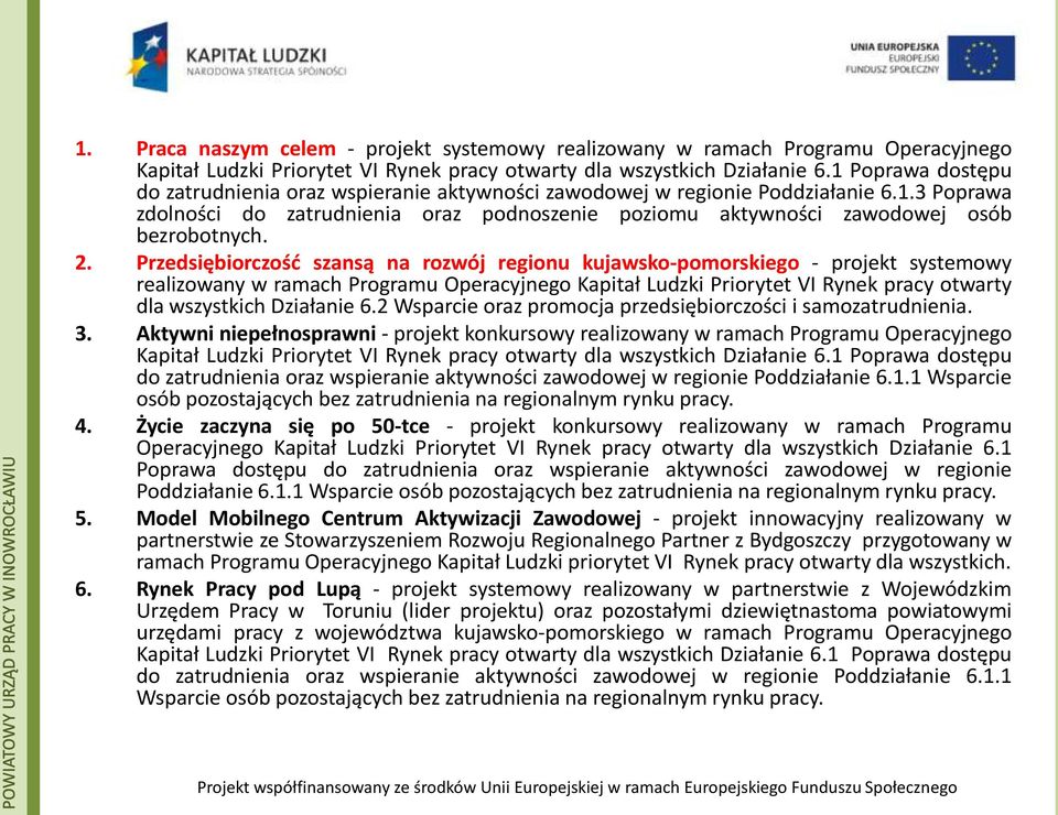 2. Przedsiębiorczość szansą na rozwój regionu kujawsko-pomorskiego - projekt systemowy realizowany w ramach Programu Operacyjnego Kapitał Ludzki Priorytet VI Rynek pracy otwarty dla wszystkich