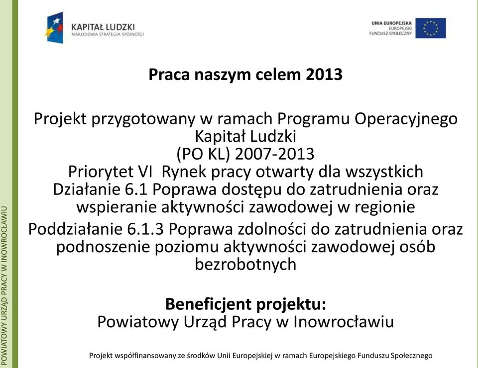 1 Poprawa dostępu do zatrudnienia oraz wspieranie aktywności zawodowej w regionie Poddziałanie 6.1.3